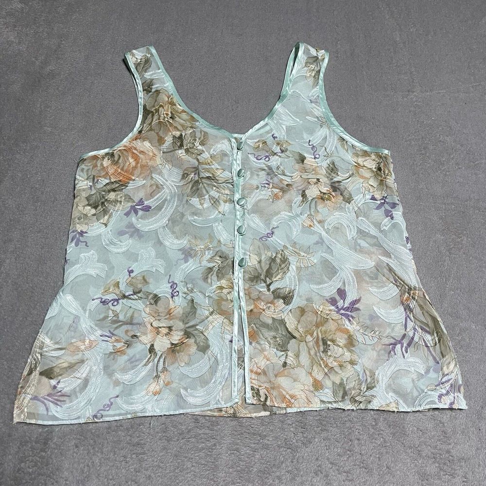 Vintage‎ 90s Cottage Granny Sheer Mesh Floral Button Down Tank Womens Large